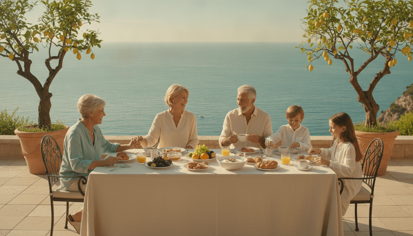 Grandparents, parents, and grandchildren sharing a relaxed breakfast on a sunlit Mediterranean cliffside terrace