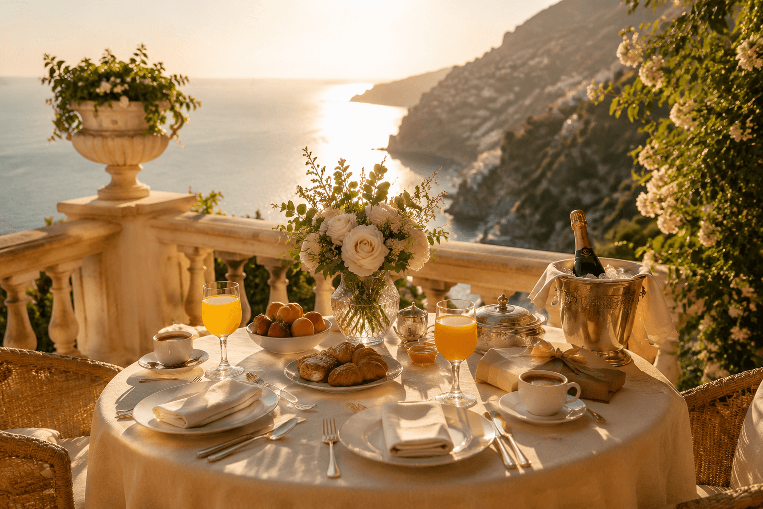 A hotel breakfast for two with champagne on ice, set on a Mediterranean terrace overlooking the sea at golden hour — the kind of welcome amenity an advisor secures.