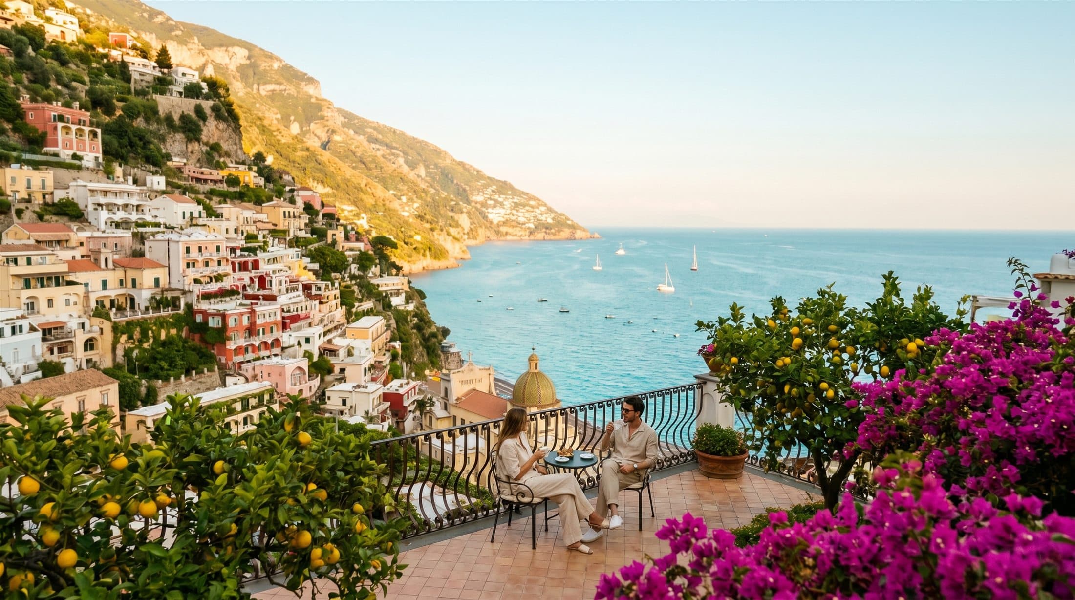A couple on a sun-drenched terrace overlooking the Amalfi Coast at golden hour