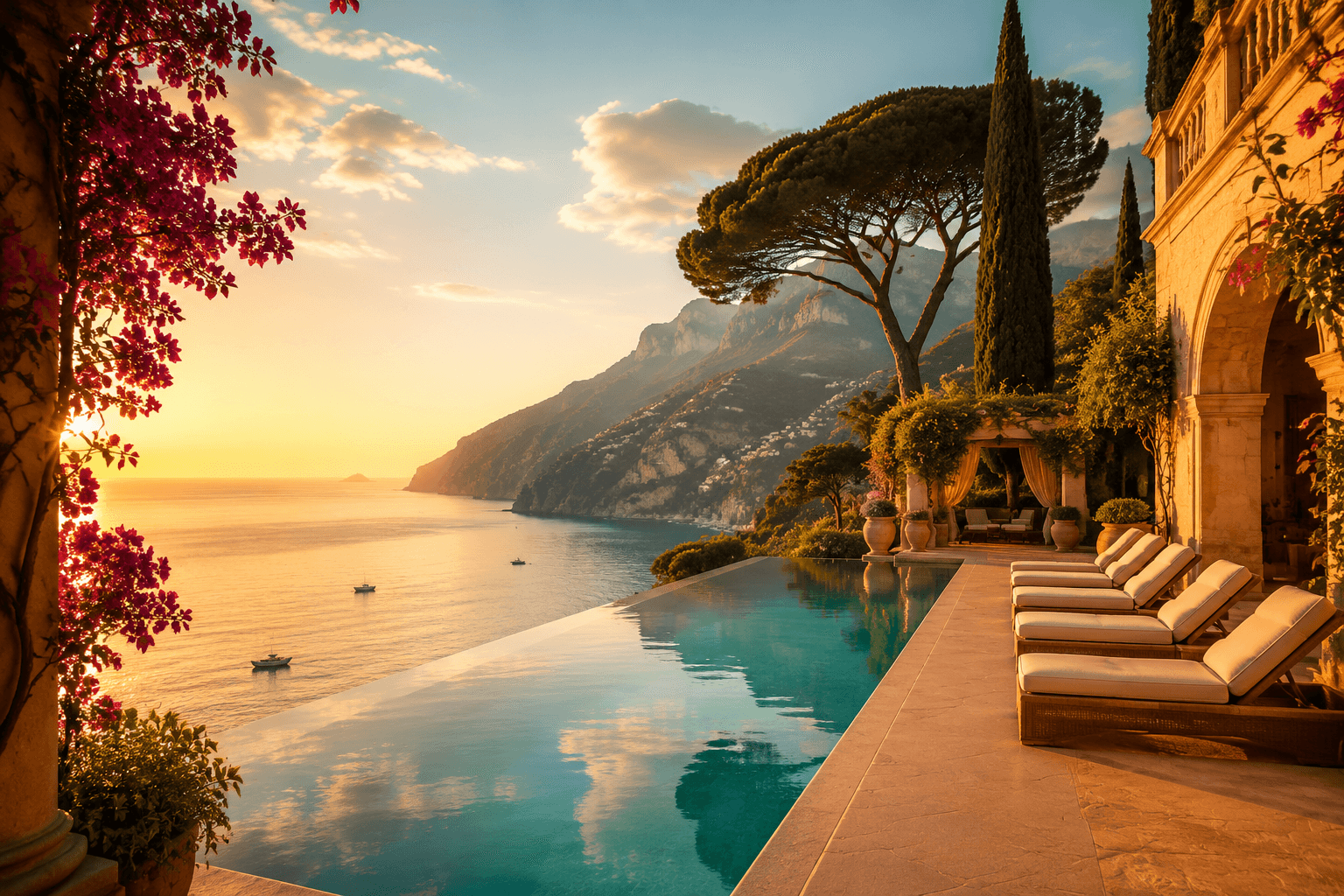 A luxury Mediterranean cliffside villa terrace with an infinity pool overlooking the turquoise sea at golden hour