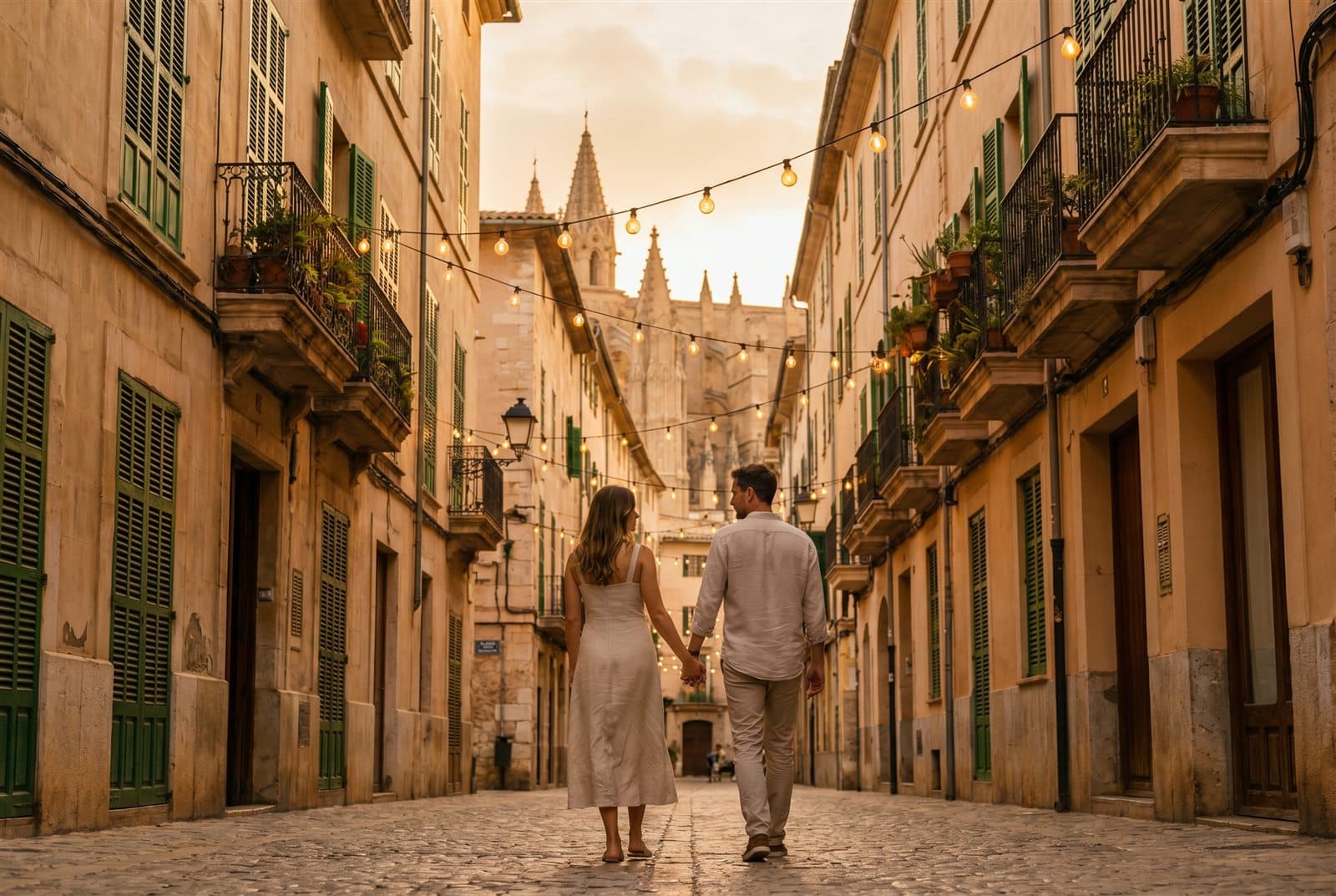A couple walking hand in hand through the old town of Palma de Mallorca at golden hour